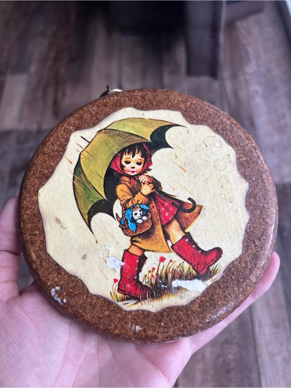 Vintage 1970s Stapco Wood Wall Plaque Little Girl Umbrella Kitten Kitsch Decor